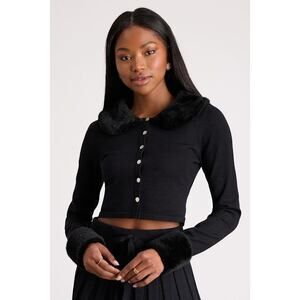 Lulus Layden Black Faux Fur Collared Cardigan - Size L